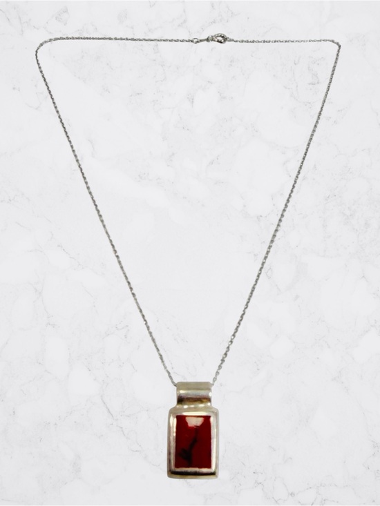 Jewelry - Sterling Silver 925 Mexico Red Jasper Gemstone Pendant Necklace Rectangle 18”